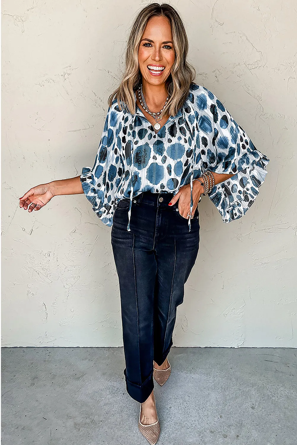 Blue Metallic Threading Accents Pleated Abstract Printed Ruffled 3/4 Sleeve Blouse