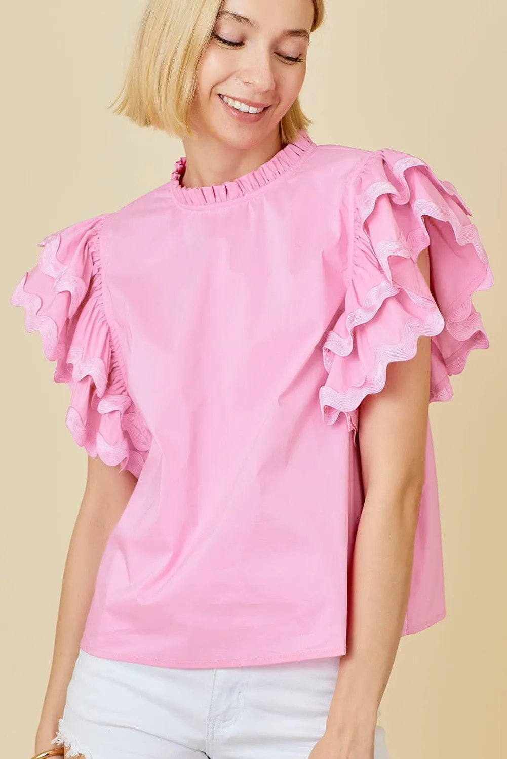Bonbon Ricrac Ruffled Sleeve Frilled Collar Blouse