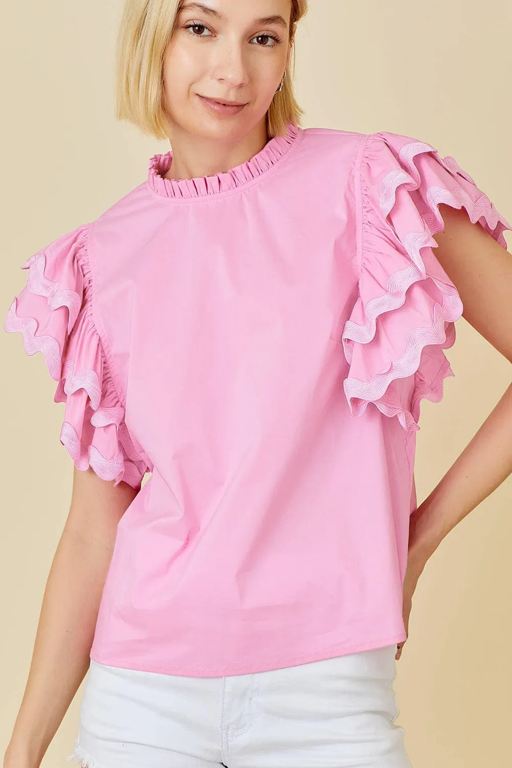 Bonbon Ricrac Ruffled Sleeve Frilled Collar Blouse