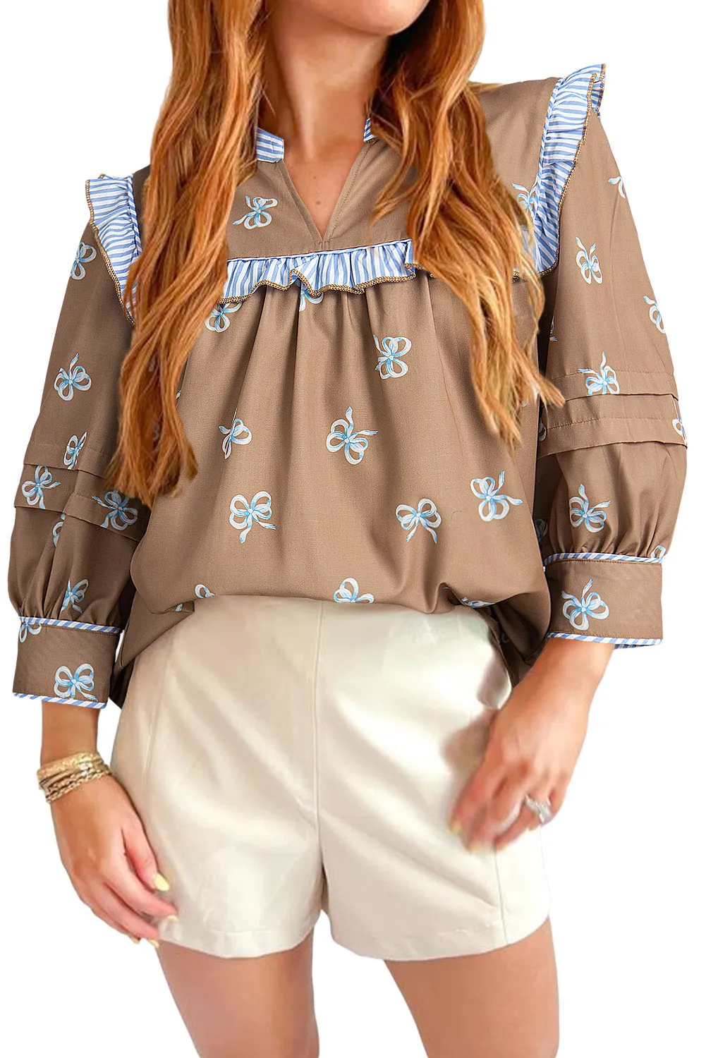 Brown Bow Print Ruffled Edge Puff Sleeve V Neck Blouse
