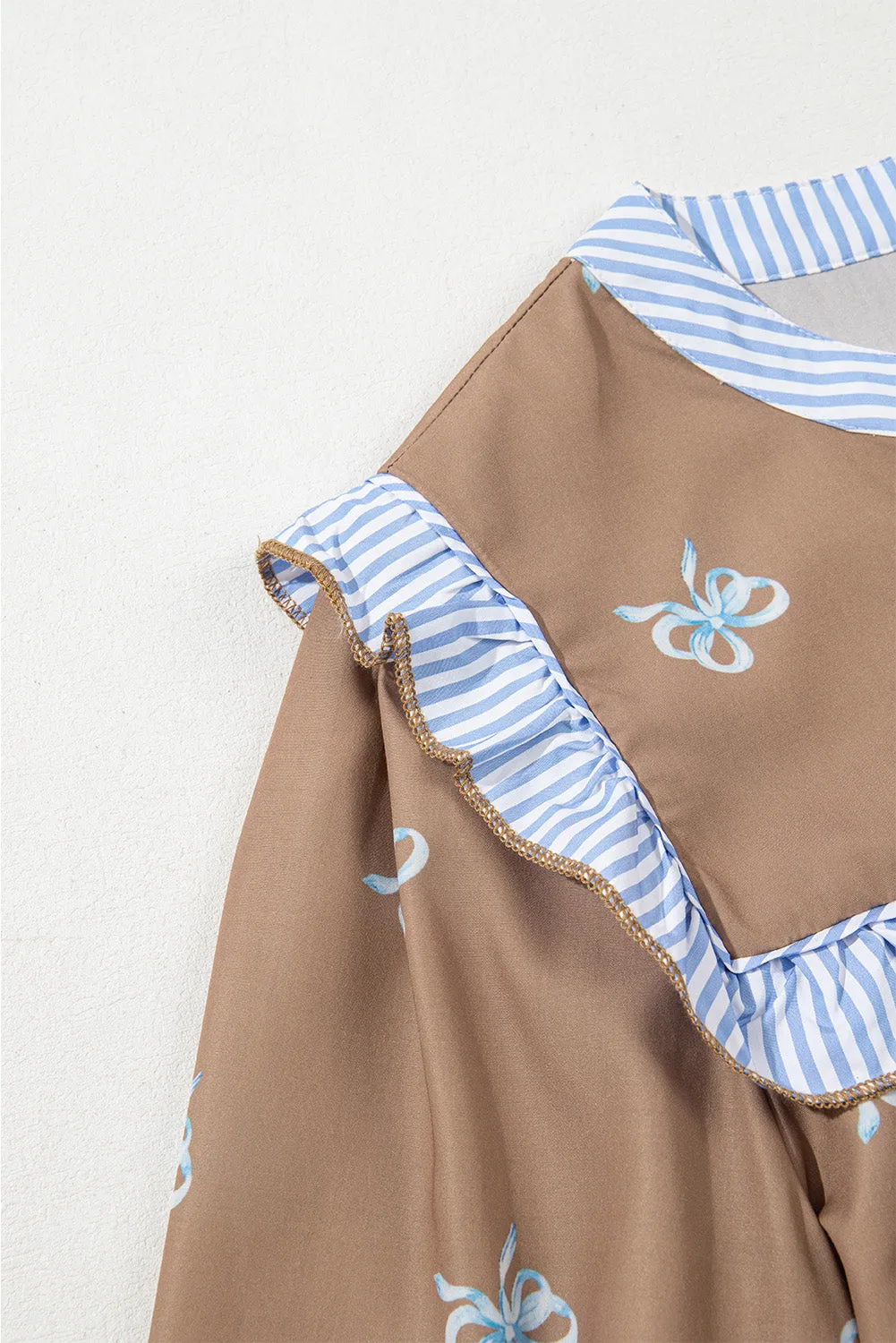 Brown Bow Print Ruffled Edge Puff Sleeve V Neck Blouse
