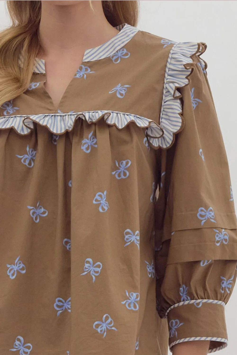 Brown Bow Print Ruffled Edge Puff Sleeve V Neck Blouse