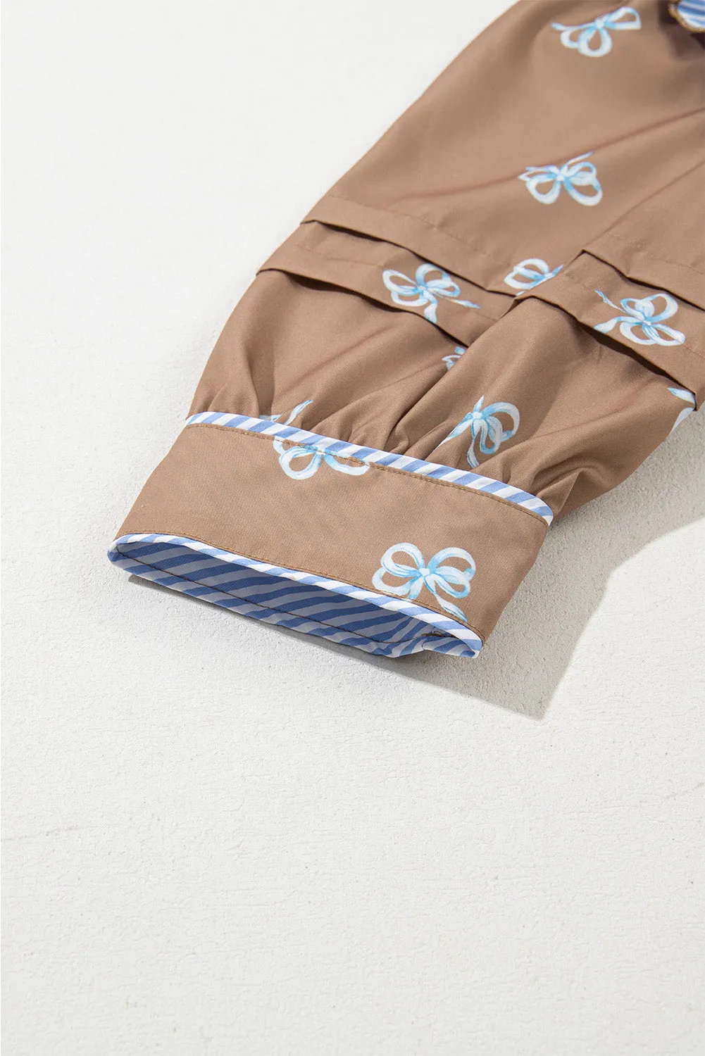 Brown Bow Print Ruffled Edge Puff Sleeve V Neck Blouse