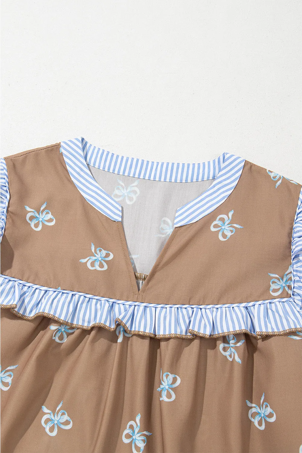 Brown Bow Print Ruffled Edge Puff Sleeve V Neck Blouse