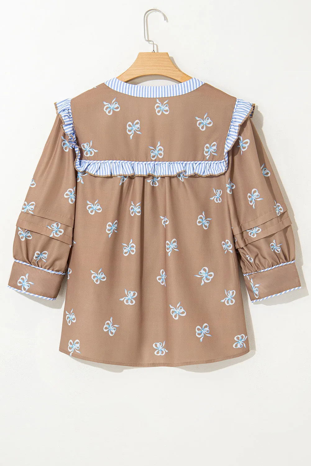 Brown Bow Print Ruffled Edge Puff Sleeve V Neck Blouse