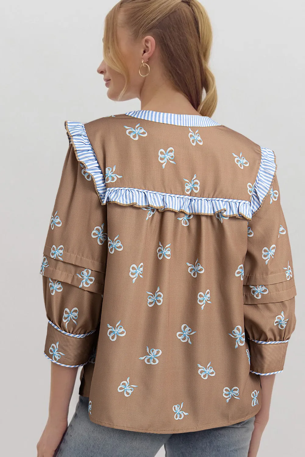 Brown Bow Print Ruffled Edge Puff Sleeve V Neck Blouse
