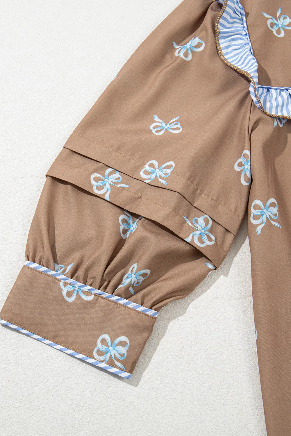 Brown Bow Print Ruffled Edge Puff Sleeve V Neck Blouse