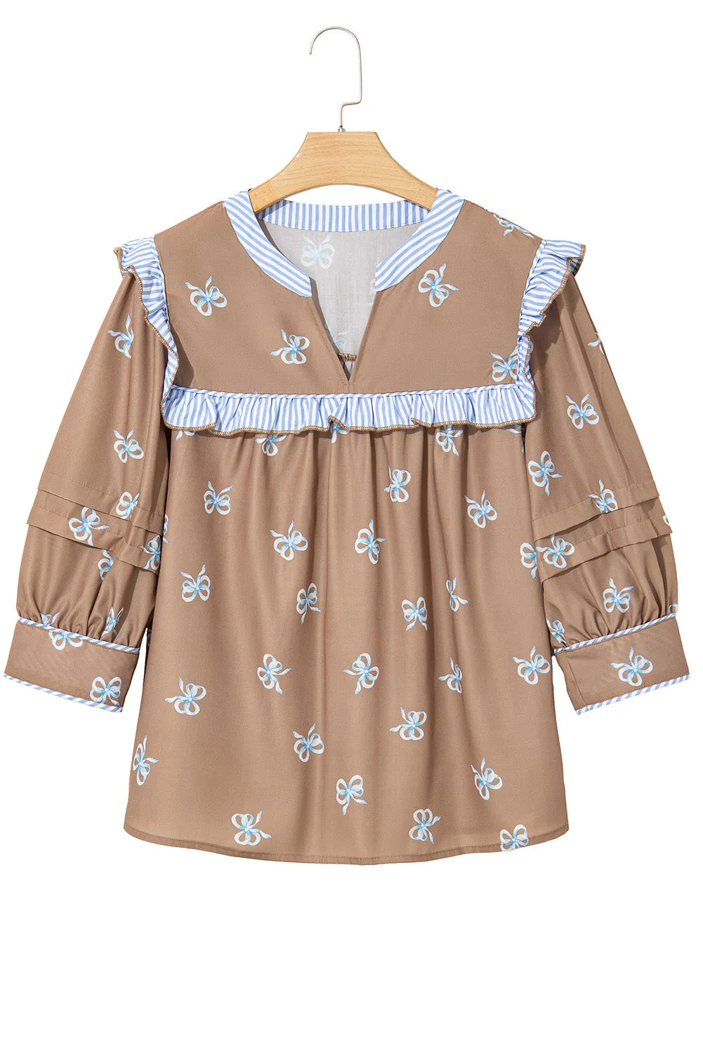 Brown Bow Print Ruffled Edge Puff Sleeve V Neck Blouse