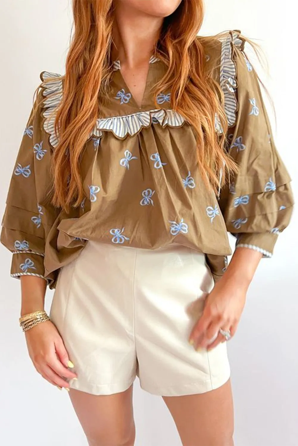 Brown Bow Print Ruffled Edge Puff Sleeve V Neck Blouse