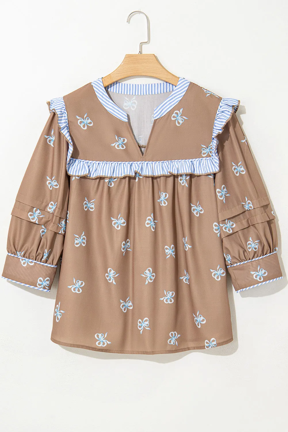 Brown Bow Print Ruffled Edge Puff Sleeve V Neck Blouse