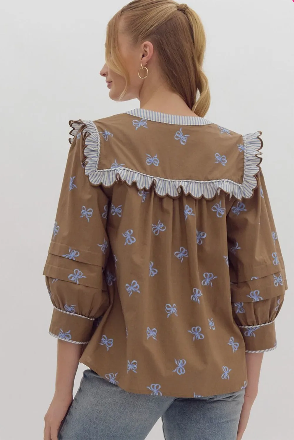 Brown Bow Print Ruffled Edge Puff Sleeve V Neck Blouse