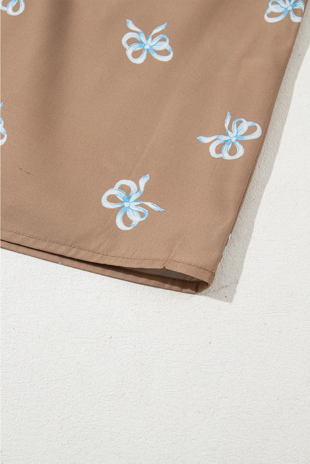 Brown Bow Print Ruffled Edge Puff Sleeve V Neck Blouse