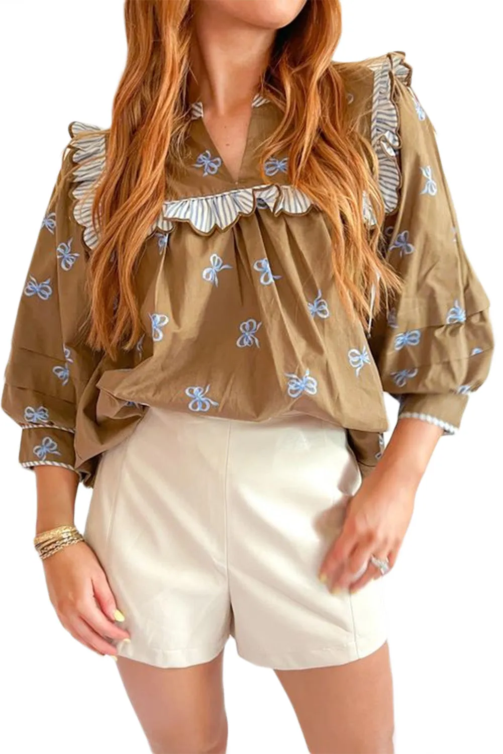 Brown Bow Print Ruffled Edge Puff Sleeve V Neck Blouse