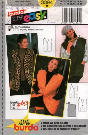 Burda 3394 Womens Vests 1990s Vintage Sewing Pattern Sizes 18 - 30 UNCUT Factory Folded