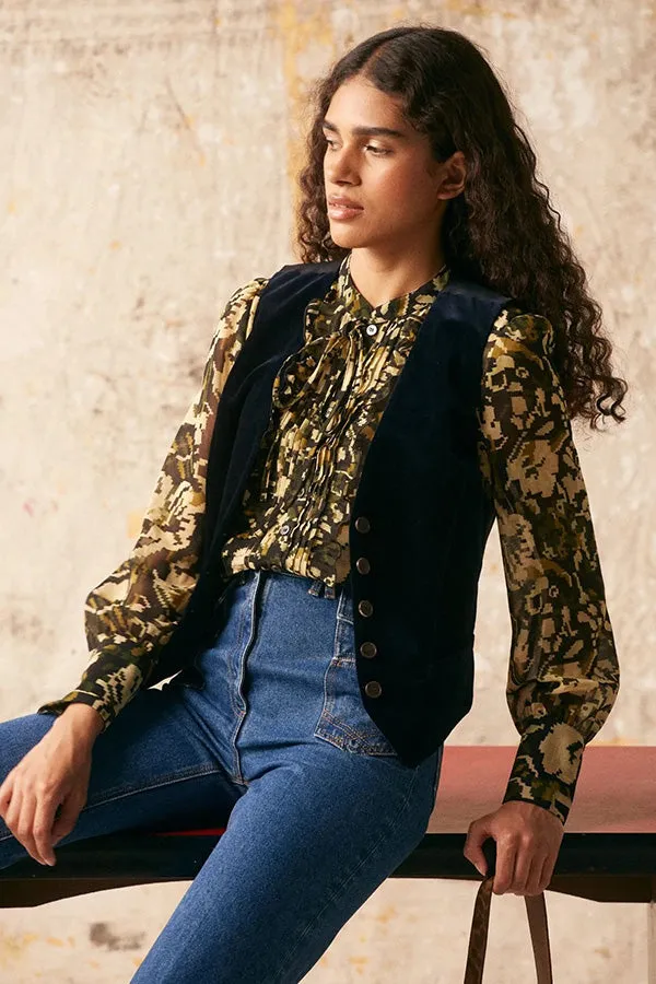 CALICA KAKI IKAT PRINT RUFFLED MUSLIN SHIRT