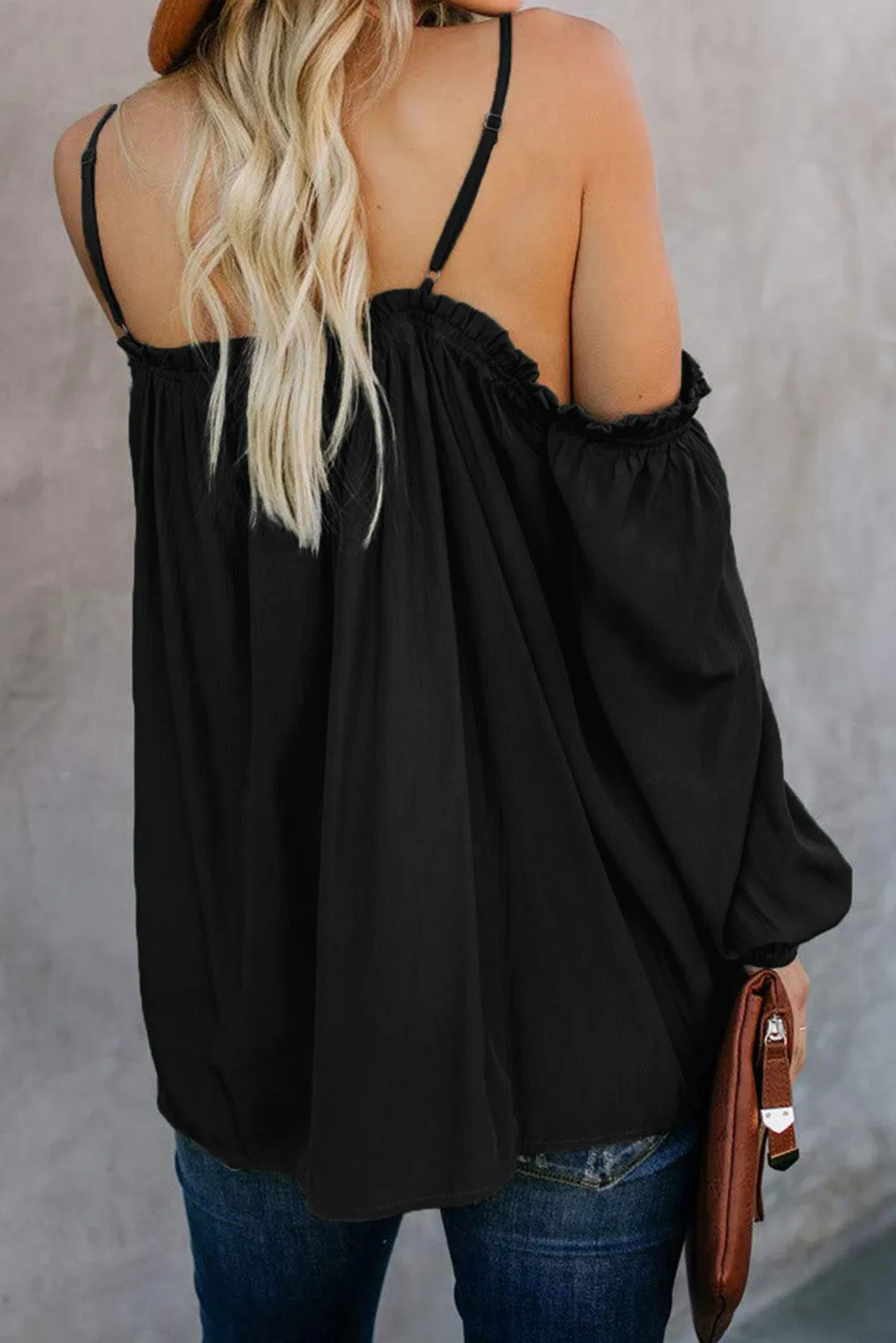 Casual Off-Shoulder Ruffled Long Sleeve Pure Colour Top