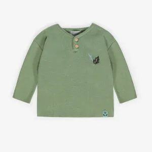 Chandail vert à col henley en maille, bébé || Green henley collar knitted sweatshirt, baby
