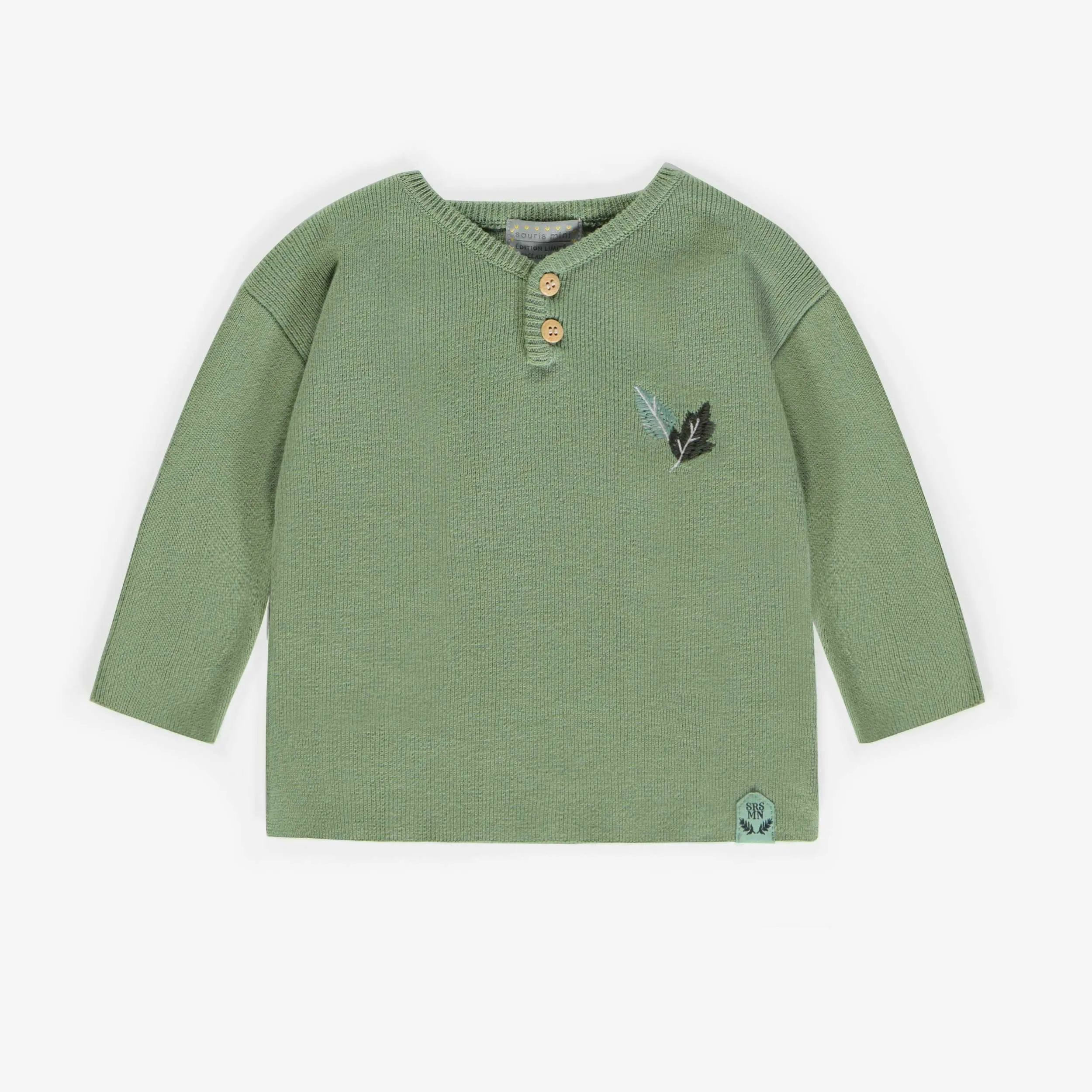 Chandail vert à col henley en maille, bébé || Green henley collar knitted sweatshirt, baby