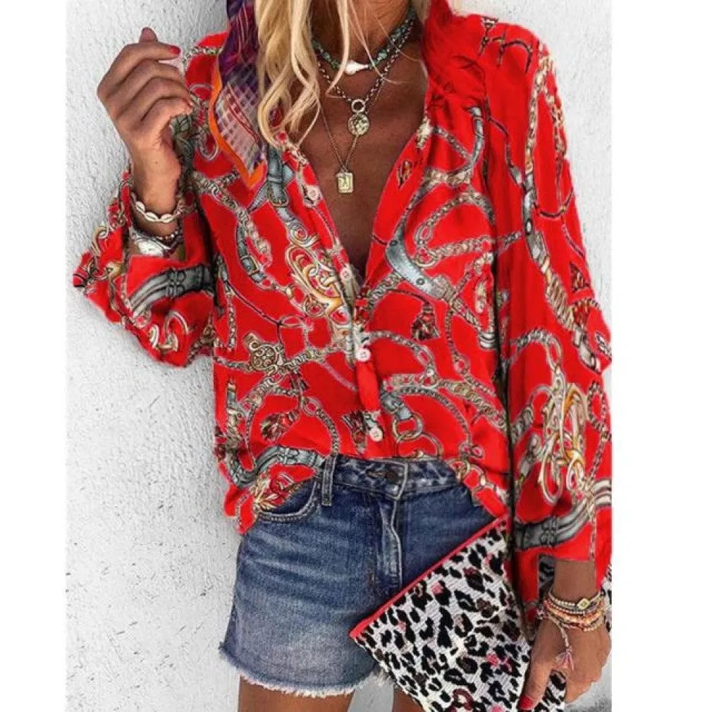 ContiNent 33 Plus Size Women Blouse V-neck Long Sleeve Chains Print Loose casual Shirts Womens Tops And Blouses