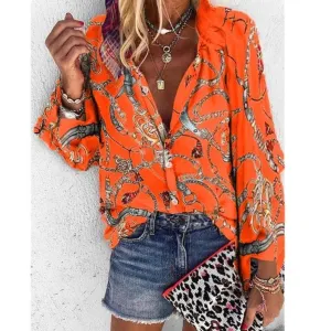 ContiNent 33 Plus Size Women Blouse V-neck Long Sleeve Chains Print Loose casual Shirts Womens Tops And Blouses