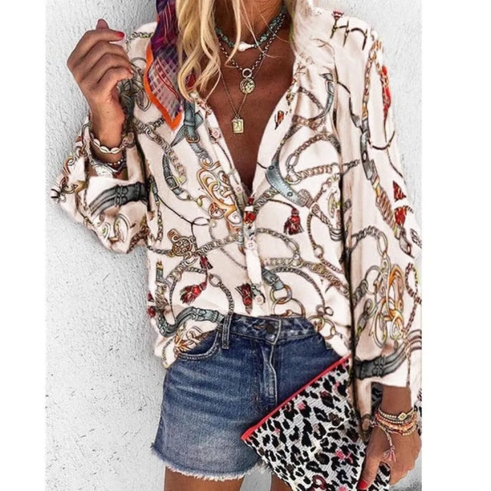 ContiNent 33 Plus Size Women Blouse V-neck Long Sleeve Chains Print Loose casual Shirts Womens Tops And Blouses