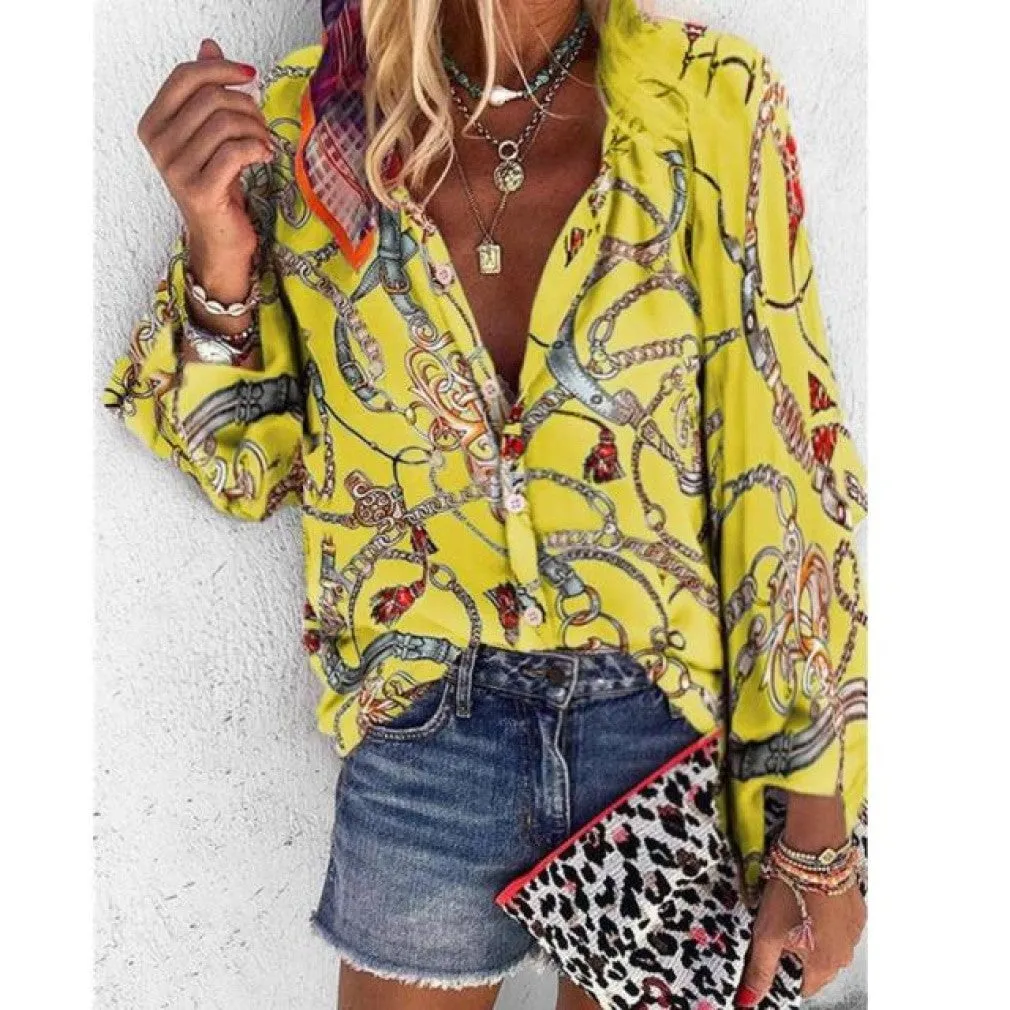 ContiNent 33 Plus Size Women Blouse V-neck Long Sleeve Chains Print Loose casual Shirts Womens Tops And Blouses