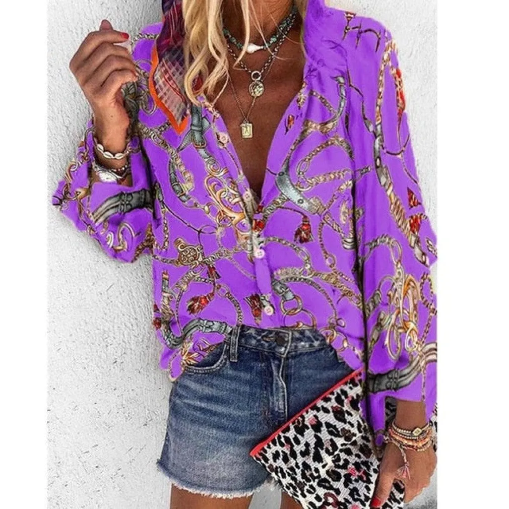 ContiNent 33 Plus Size Women Blouse V-neck Long Sleeve Chains Print Loose casual Shirts Womens Tops And Blouses