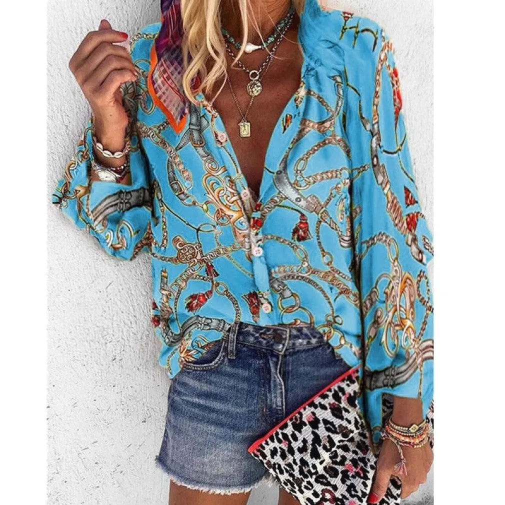 ContiNent 33 Plus Size Women Blouse V-neck Long Sleeve Chains Print Loose casual Shirts Womens Tops And Blouses