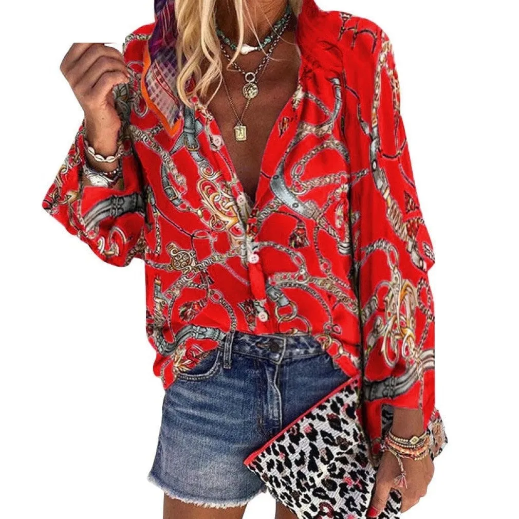 ContiNent 33 Plus Size Women Blouse V-neck Long Sleeve Chains Print Loose casual Shirts Womens Tops And Blouses