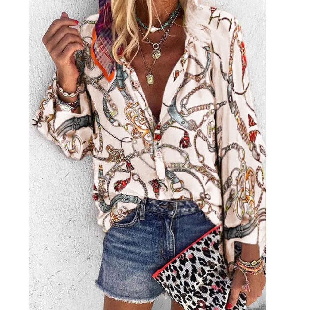 ContiNent 33 Plus Size Women Blouse V-neck Long Sleeve Chains Print Loose casual Shirts Womens Tops And Blouses