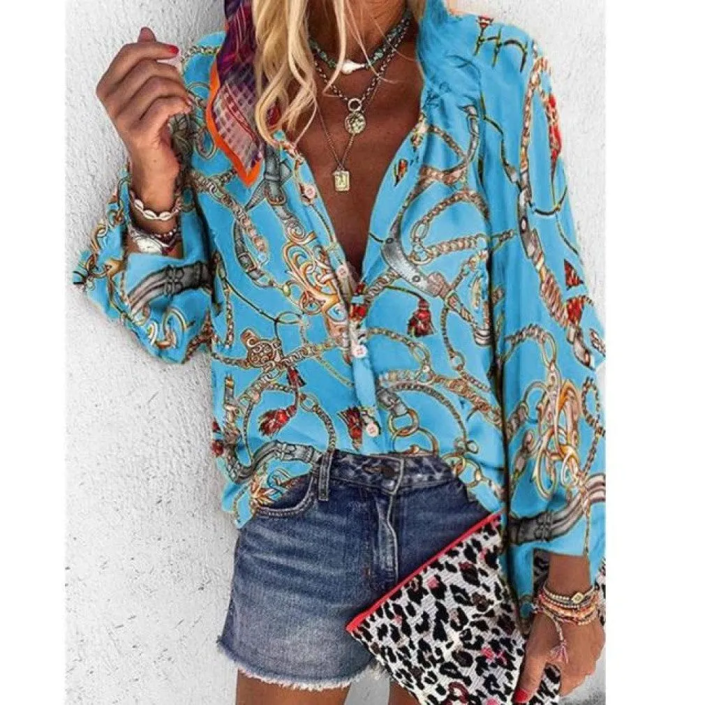 ContiNent 33 Plus Size Women Blouse V-neck Long Sleeve Chains Print Loose casual Shirts Womens Tops And Blouses