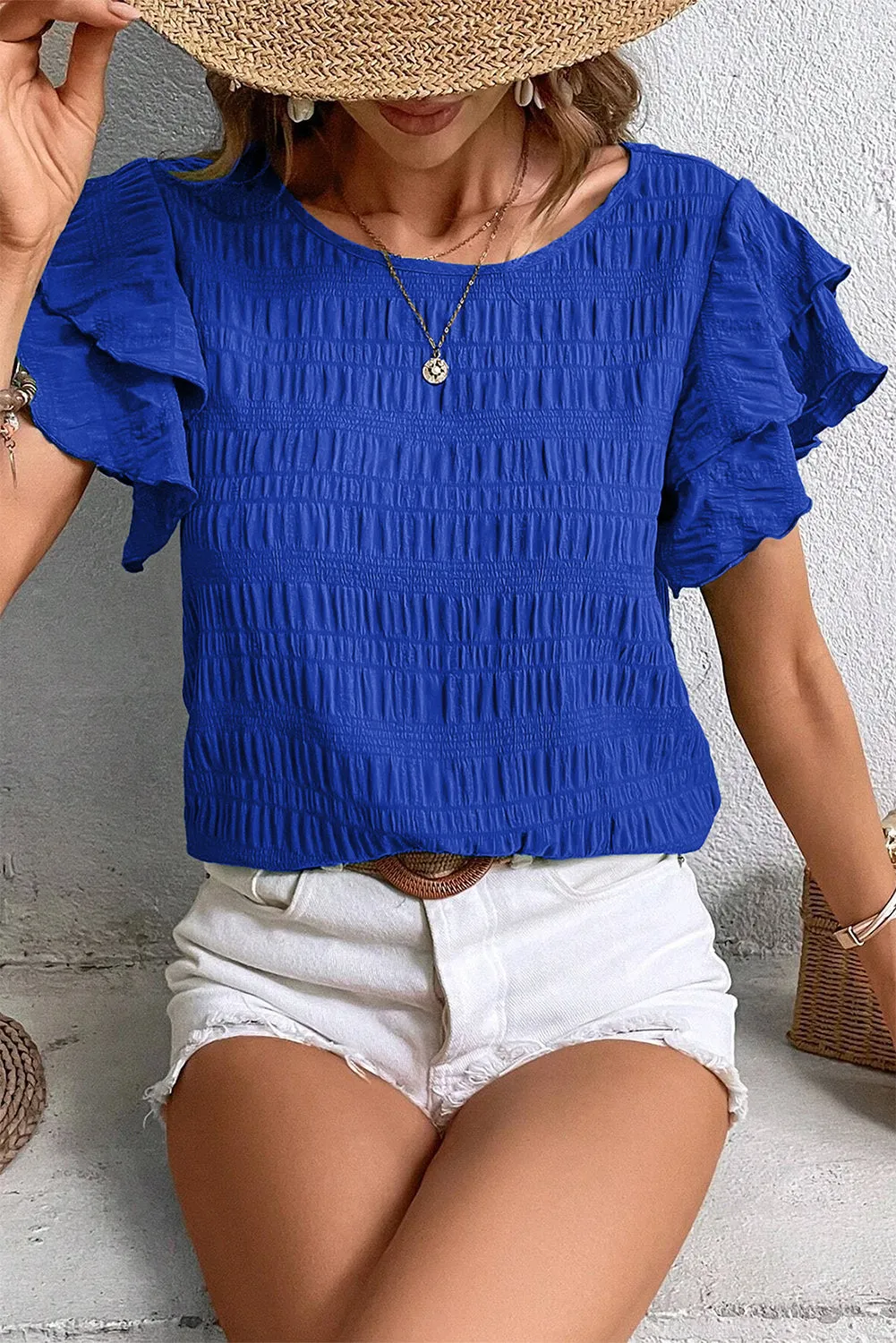 Dark Blue Textured Ruffled Sleeve Round Neck Top