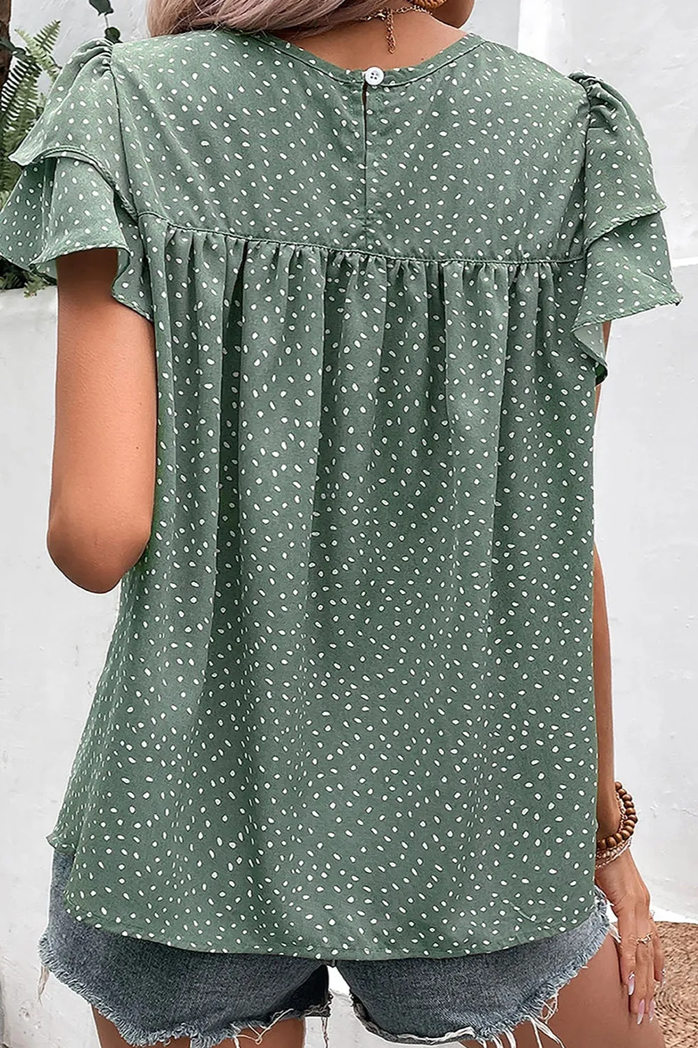 Delta Ruffled Printed Round Neck Cap Sleeve Blouse