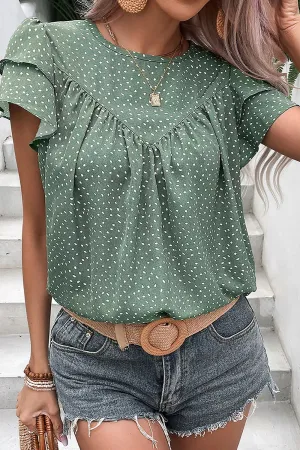 Delta Ruffled Printed Round Neck Cap Sleeve Blouse