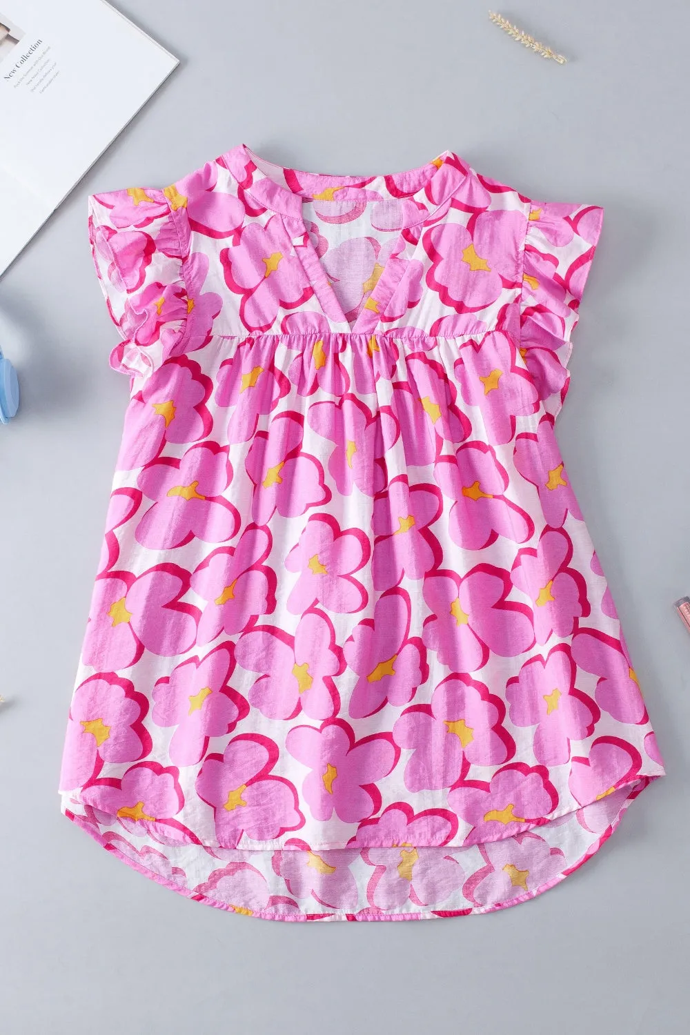 Emersyn Ruffled Printed Notched Cap Sleeve Blouse