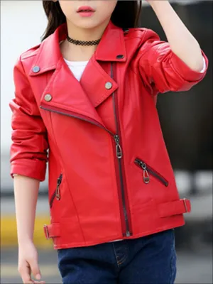 Girls  Leather Moto Jacket with Zipper Accents