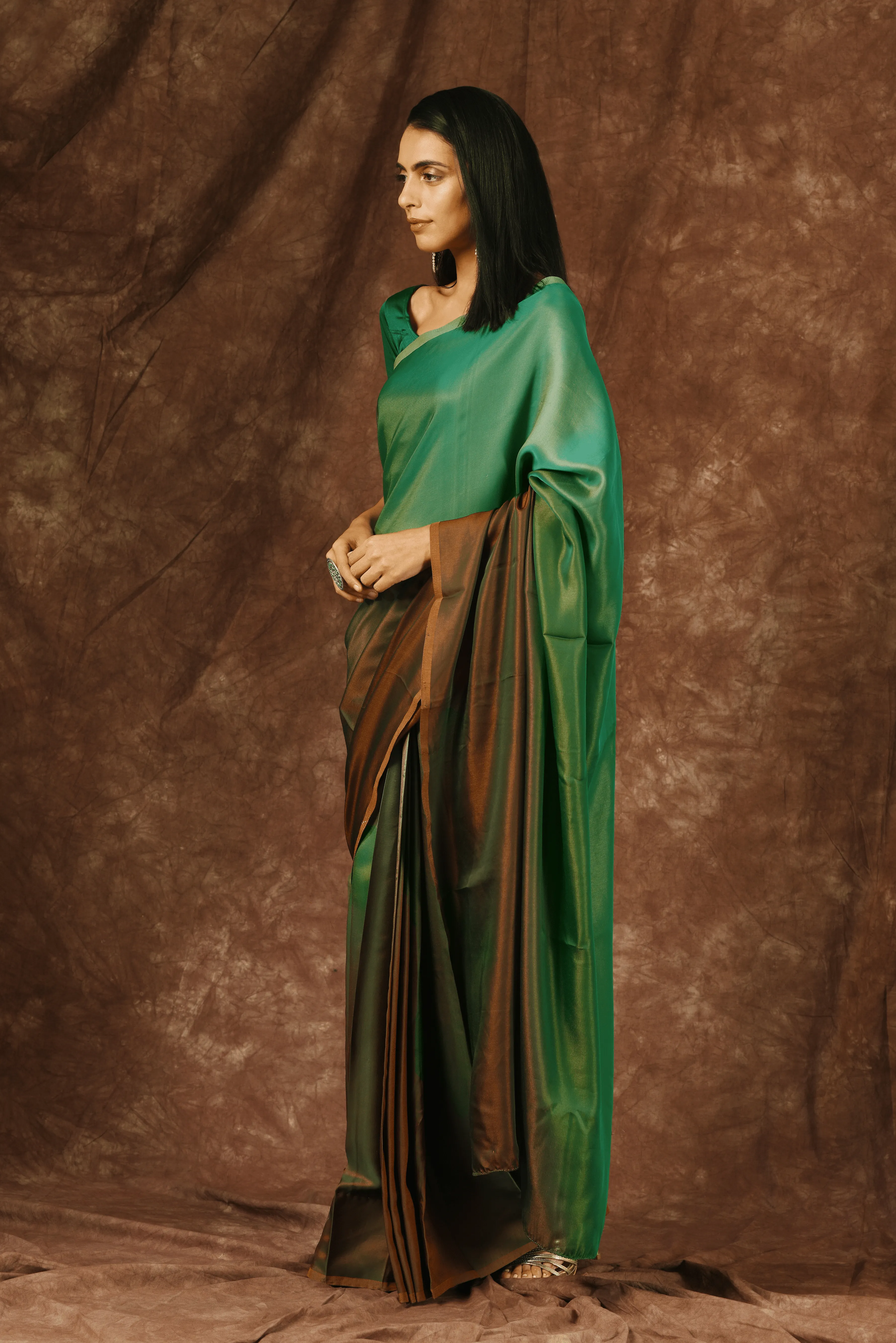 Green & Brown Satin Ombre' Saree