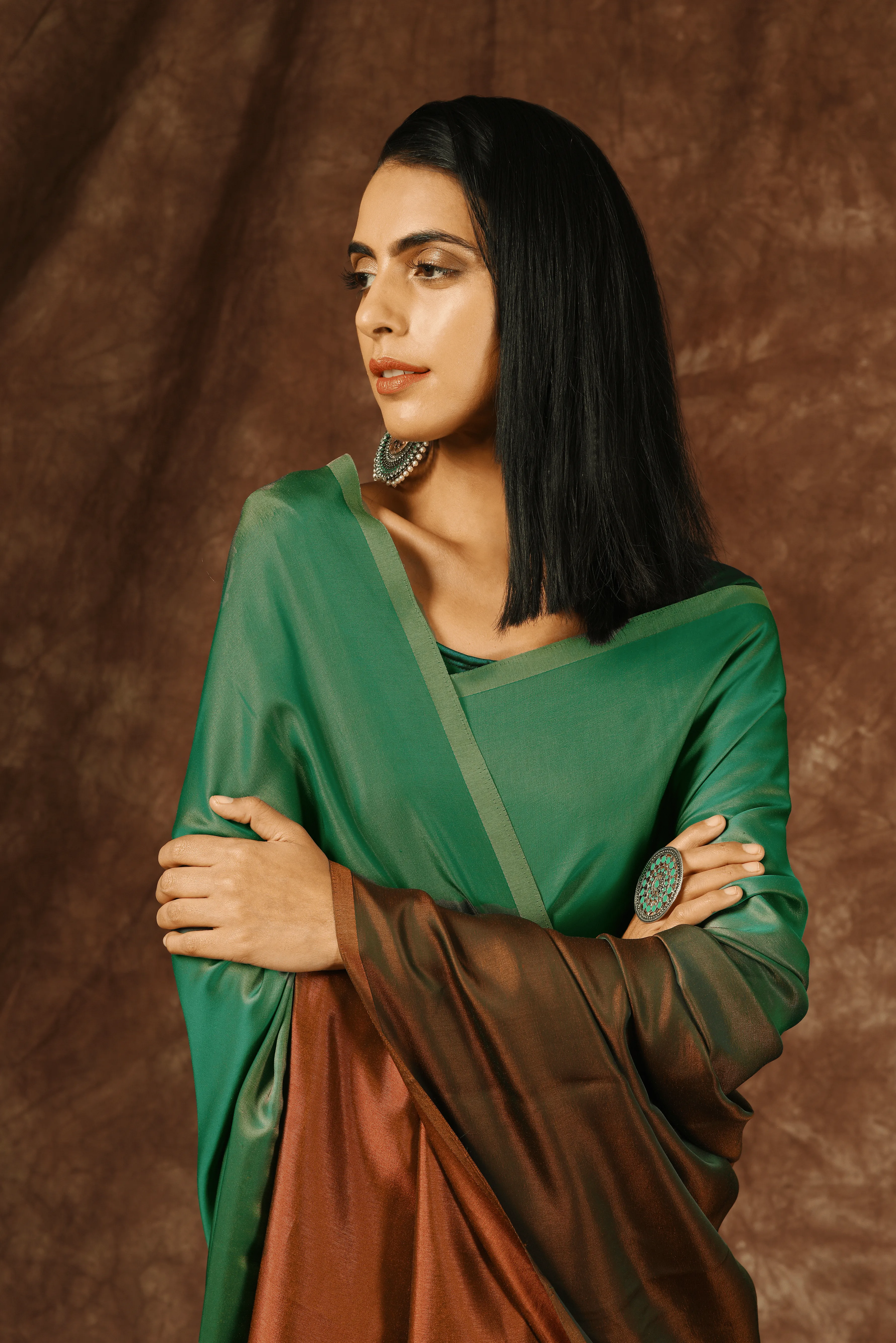 Green & Brown Satin Ombre' Saree