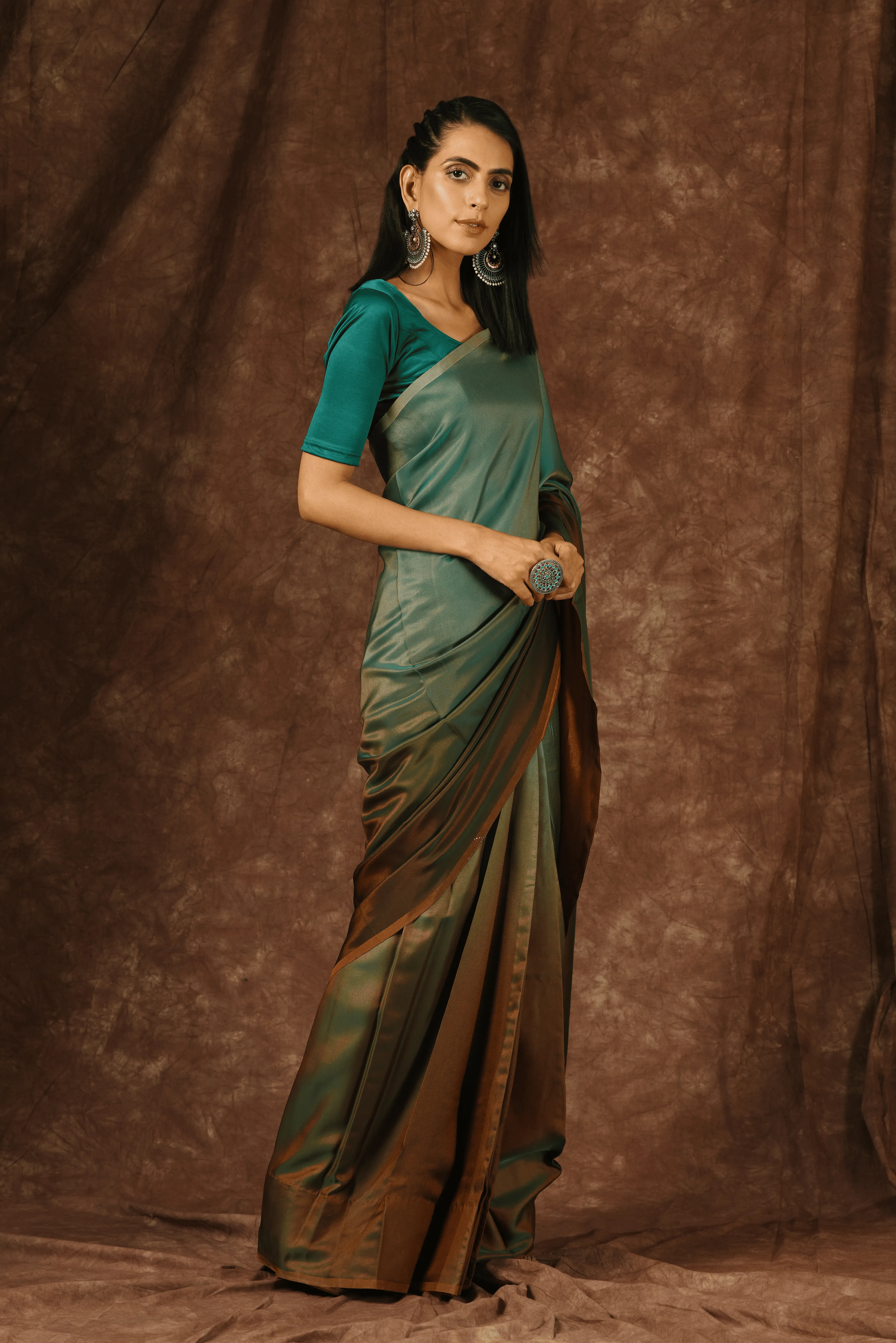 Green & Brown Satin Ombre' Saree