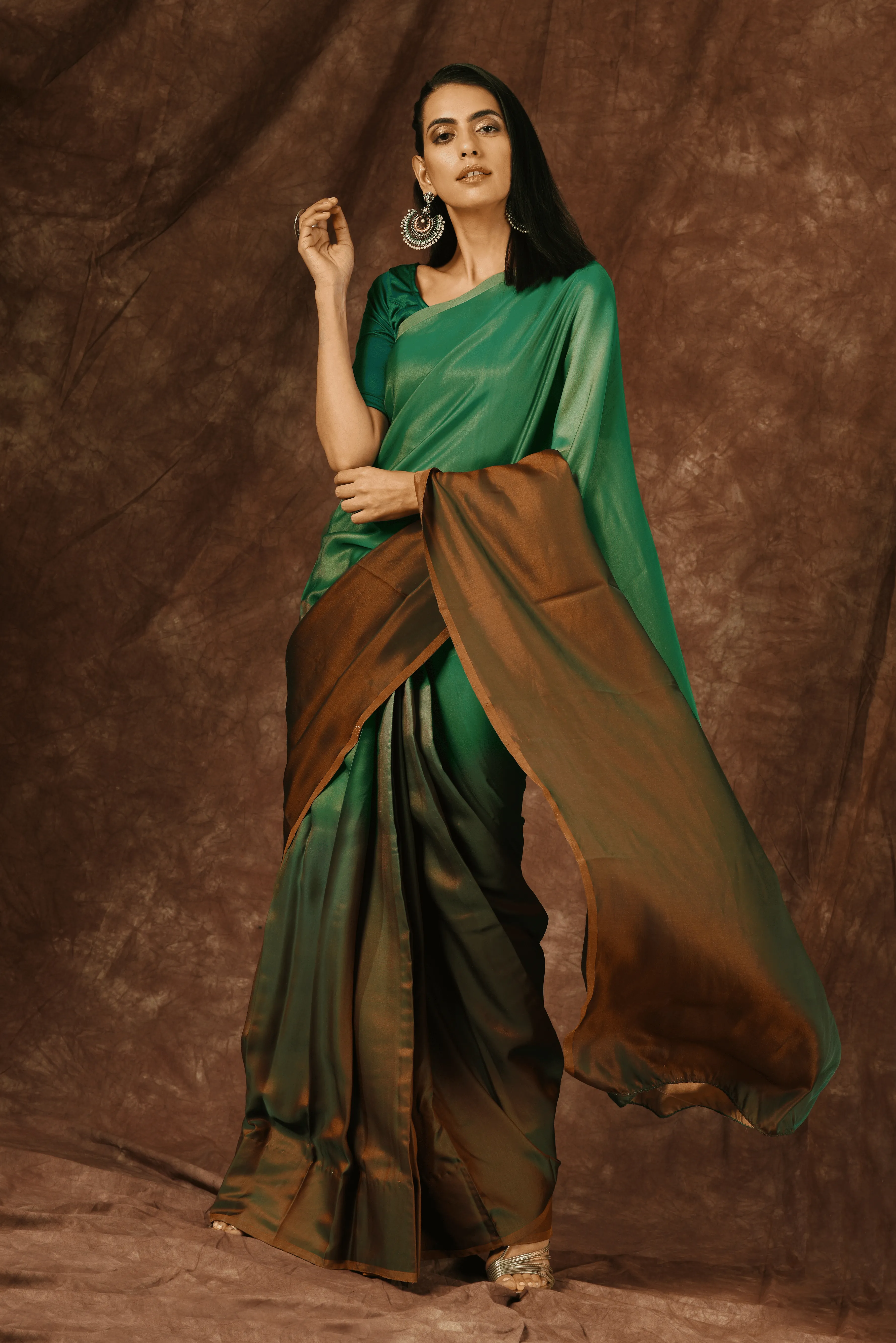 Green & Brown Satin Ombre' Saree