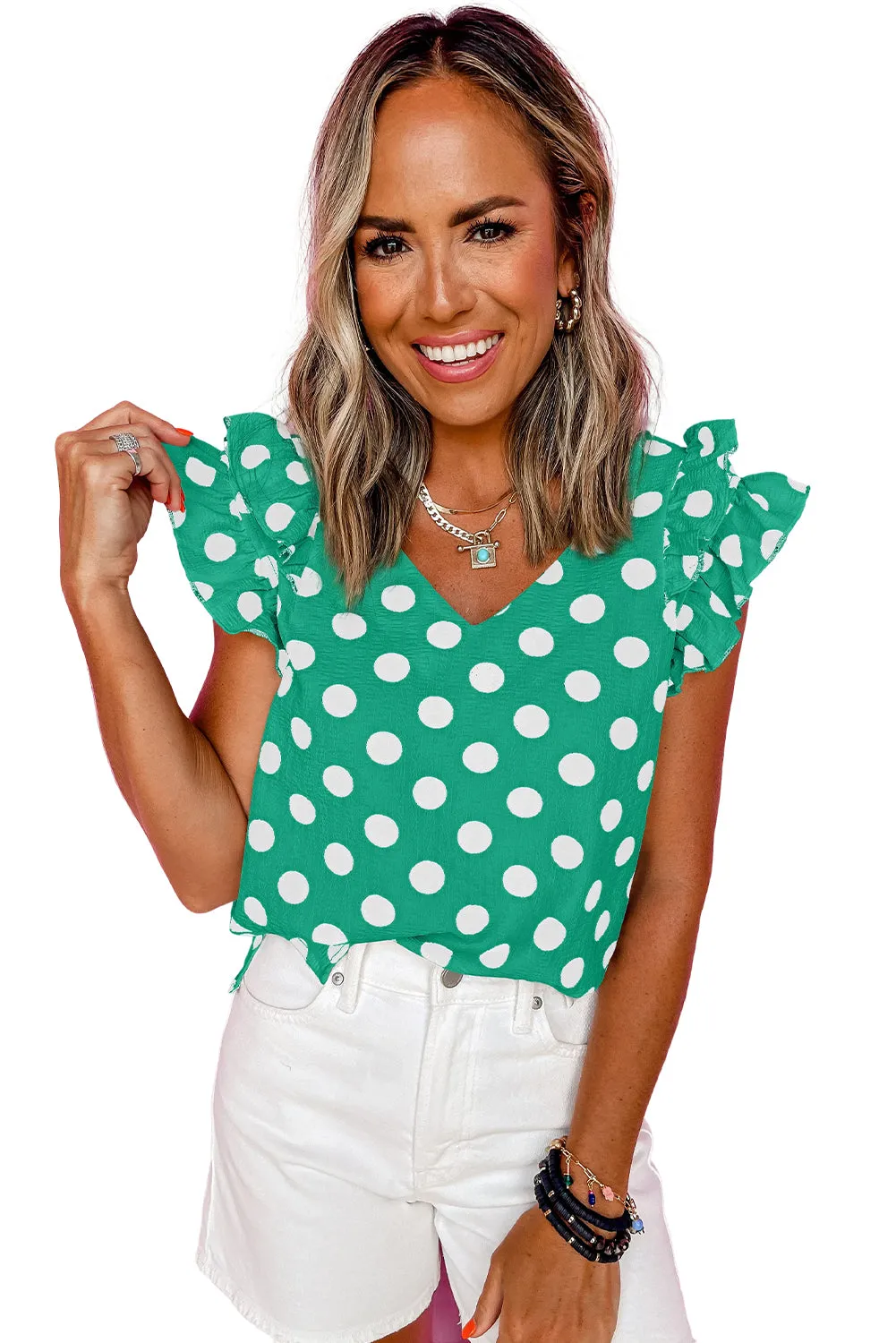 Green Polka Dot Print Ruffled Sleeve V Neck Blouse