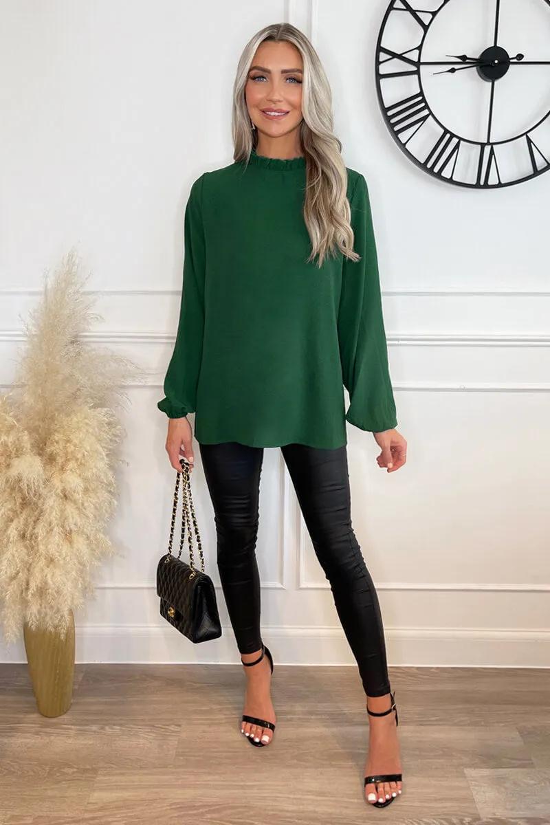 Green Ruffle Neck Long Sleeve Top