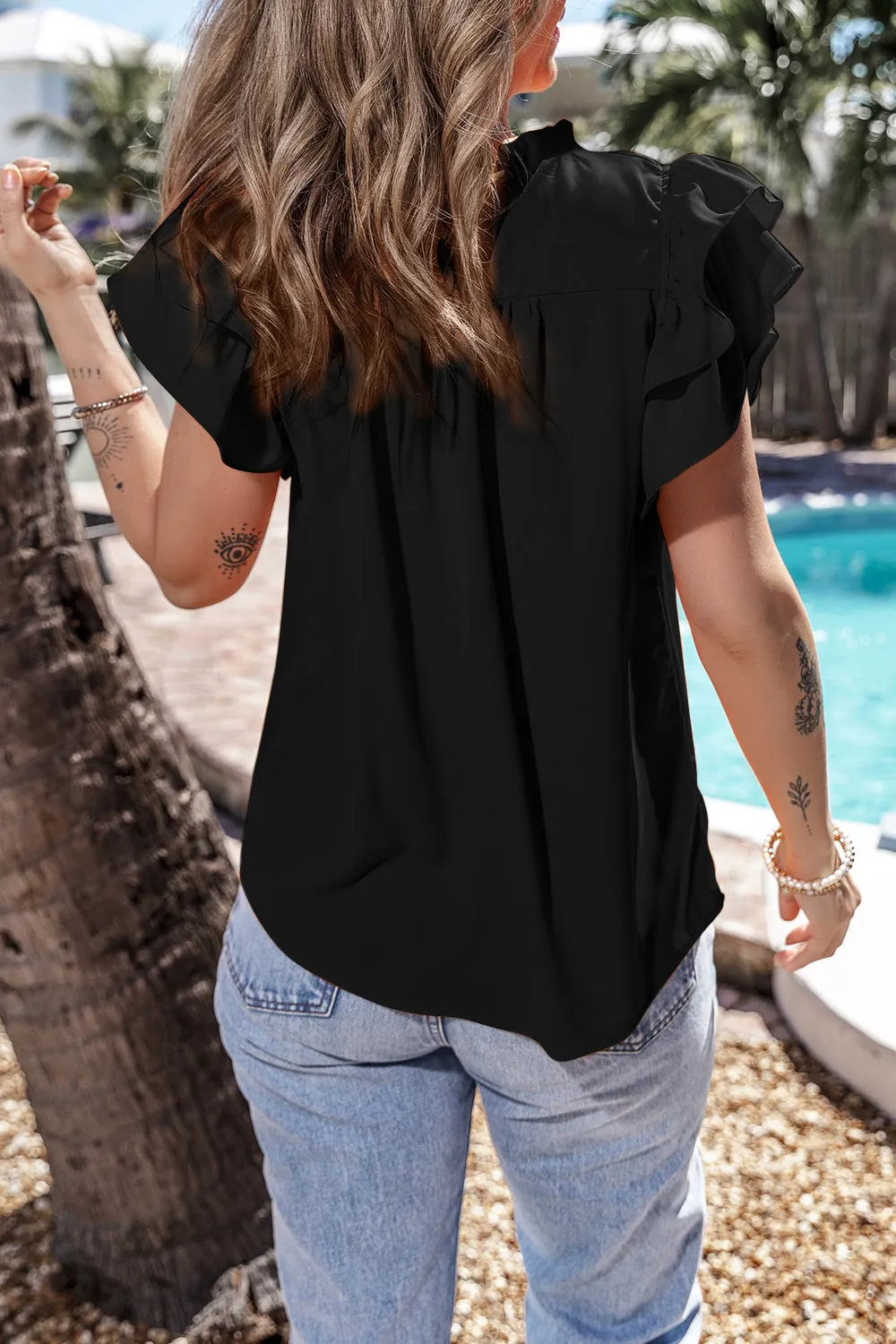 Gwen Ruffled Ruched Cap Sleeve Blouse
