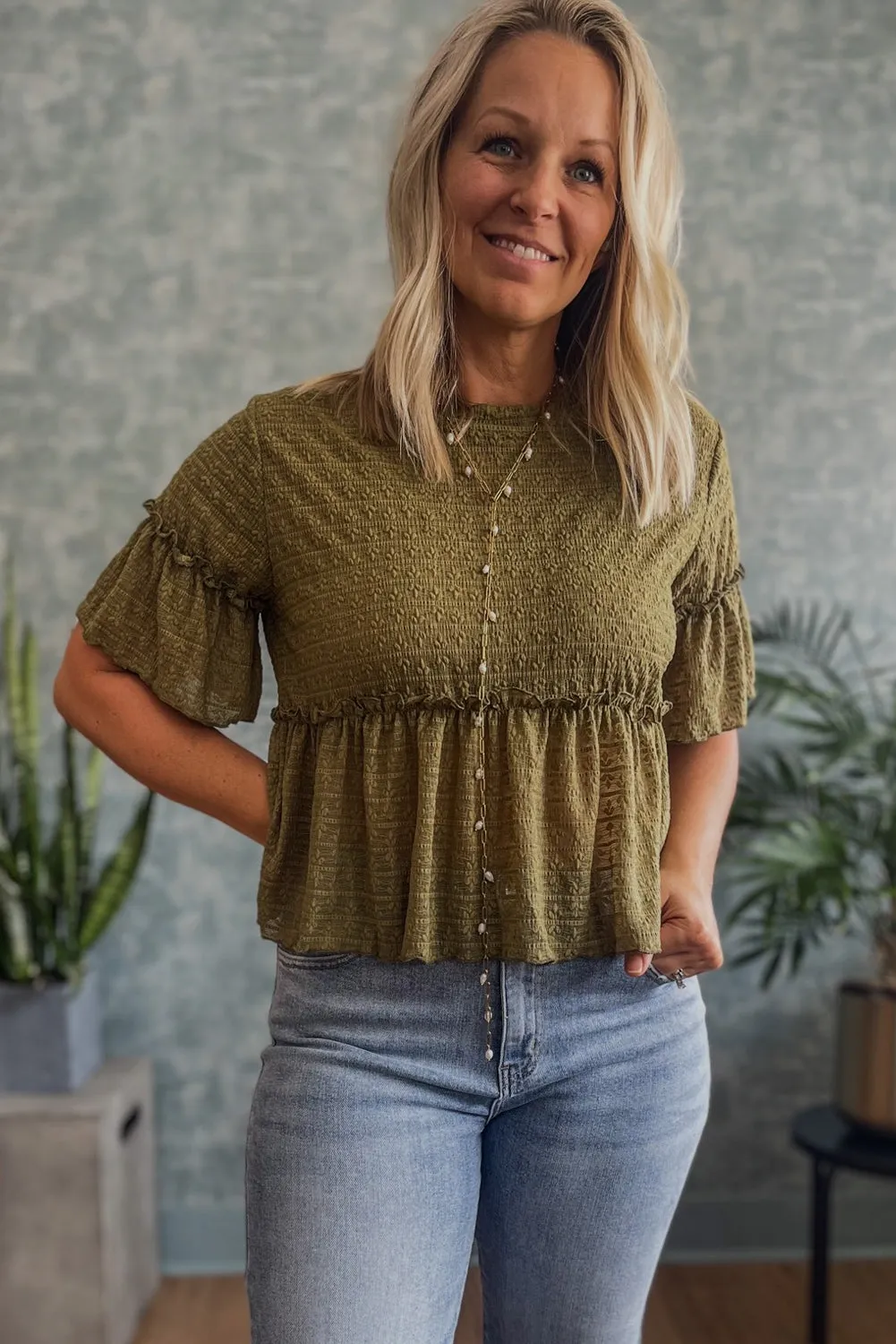Jungle Green Solid Color Textured Ruffled Short Sleeve Blouse