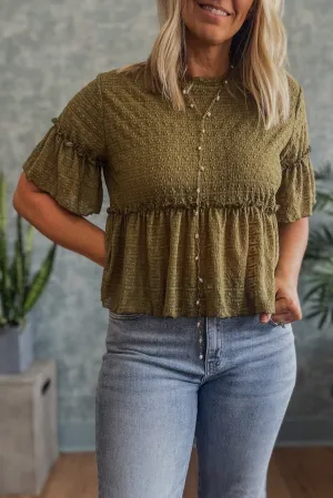 Jungle Green Solid Color Textured Ruffled Short Sleeve Blouse