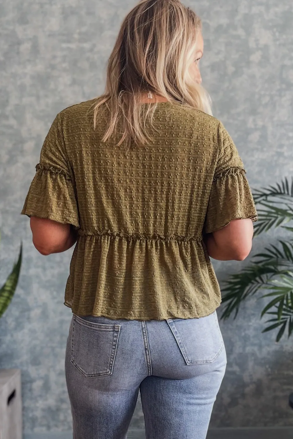 Jungle Green Solid Color Textured Ruffled Short Sleeve Blouse