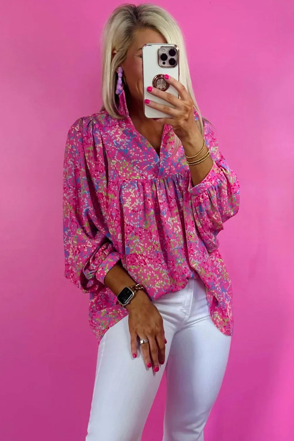 KaleaBoutique Abstract Print Collared V Neck Babydoll Blouse