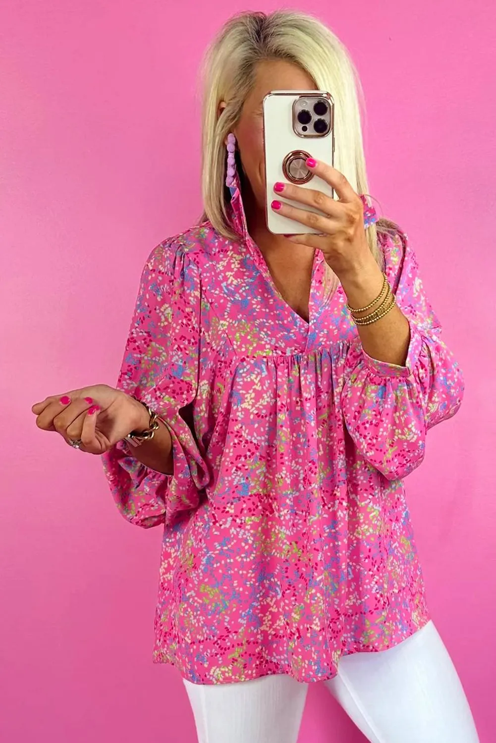 KaleaBoutique Abstract Print Collared V Neck Babydoll Blouse