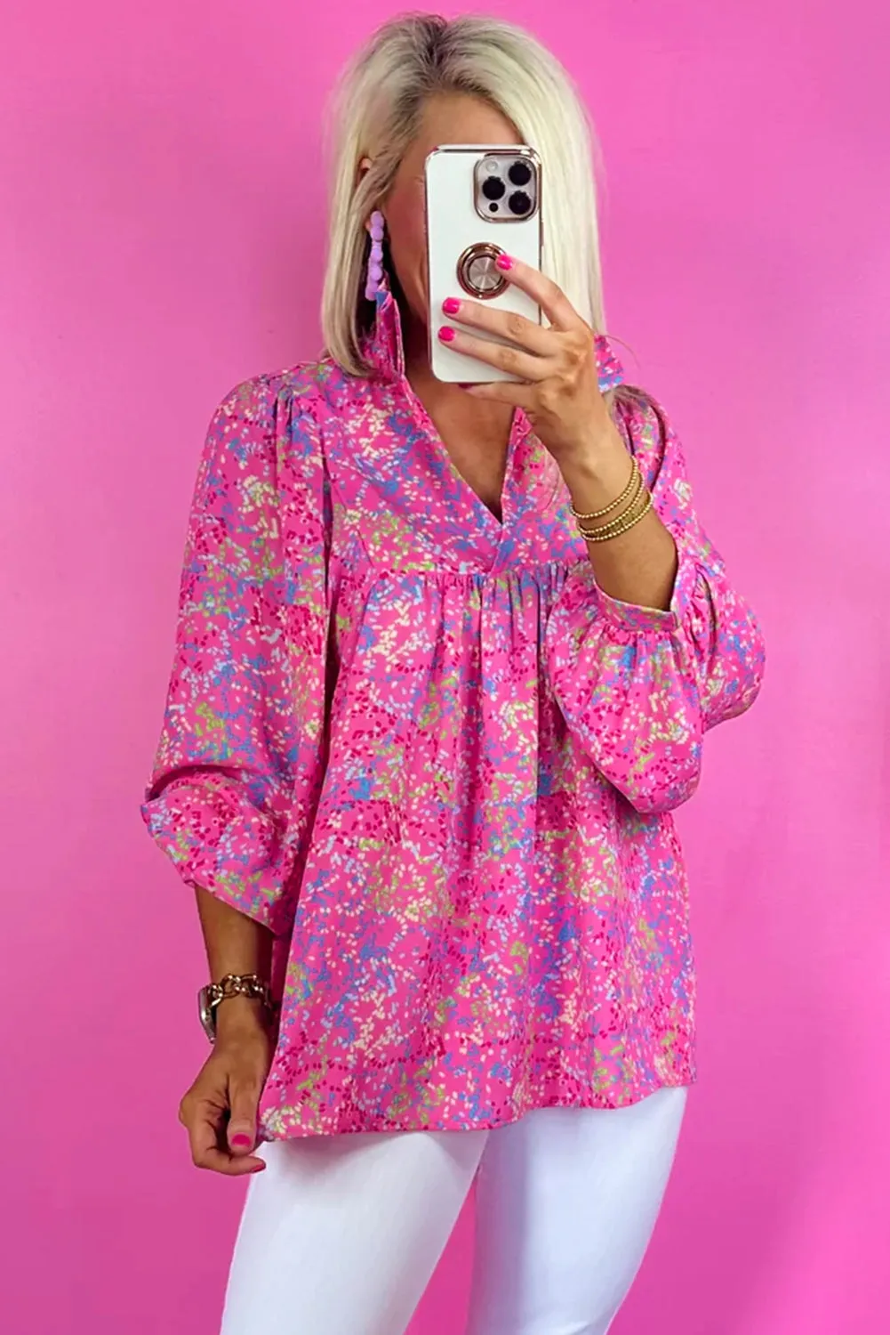 KaleaBoutique Abstract Print Collared V Neck Babydoll Blouse