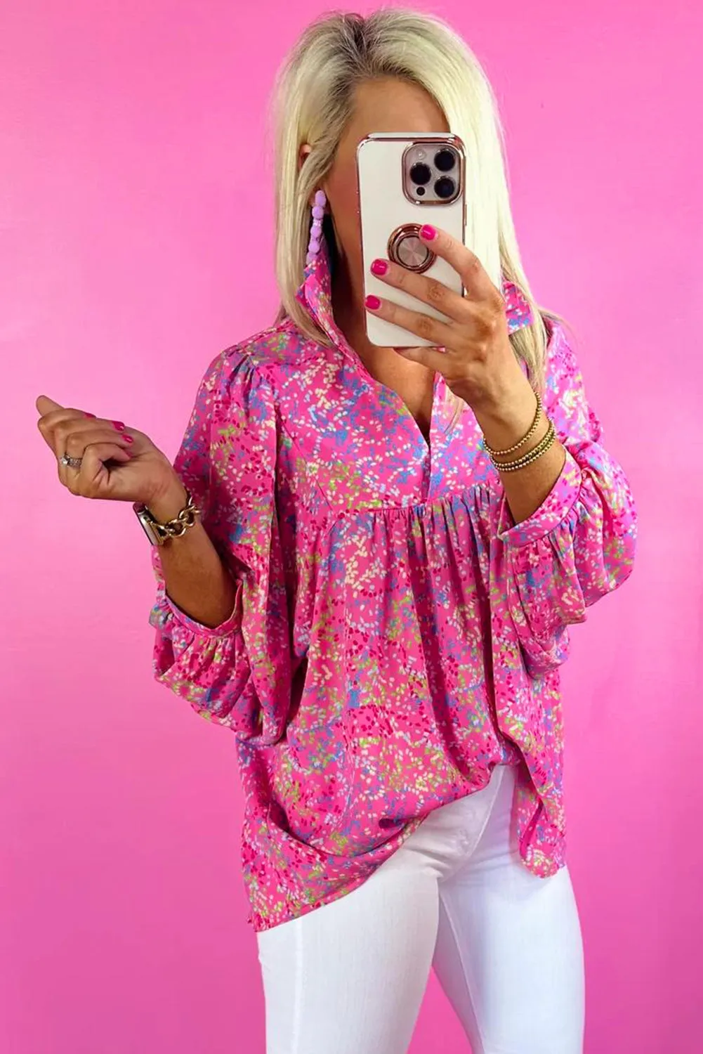 KaleaBoutique Abstract Print Collared V Neck Babydoll Blouse